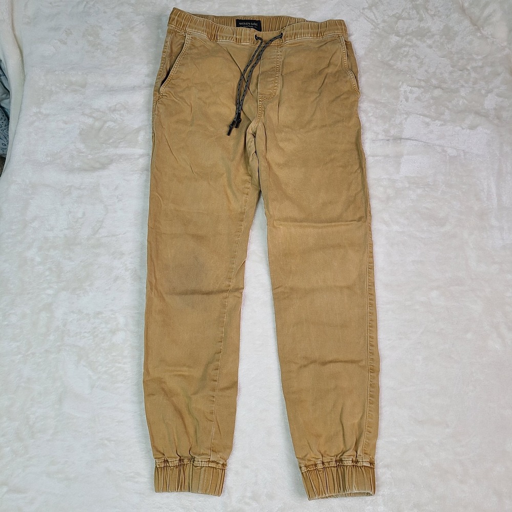 American Eagle Mens Small Pants Khaki Joggers Elastic Waist Pockets Drawstring